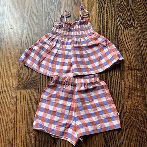 NWOT - Oeuf Linen Smock Set - Flamingo Pink/Gingham (2-3Y)